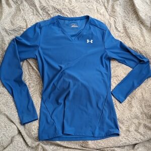 Woman's XL UnderArmour Blue HeatGear Performance LongSleeve Fitted Stretch Shirt